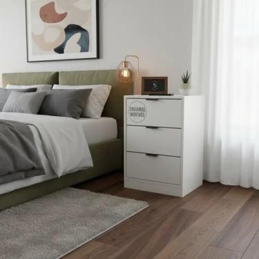 Imagem de Mesa De Cabeceira Branca 50cm com 3 Gavetas Para Quarto Lateral de Cama e Escritório Gaveteiro Organizador Já Montado (Sem Rodinhas, Puxador Preto)