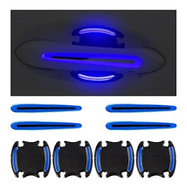 Imagem de 8 peças, alça de carro, protetor de copo, adesivos reflexivos, película protetora de arranhões, película de proteção de porta de fibra de carbono 3D, visibilidade noturna, tiras de proteção, decalques de aviso universais para a maioria dos carros (azul)