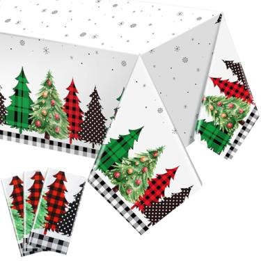 Imagem de Ziliny Pacote com 3 toalhas de mesa de Natal de 137 x 272 cm, toalha de mesa xadrez de búfalo descartável, capa de mesa para árvore de Natal, inverno, festas, decorações de cozinha