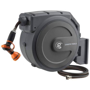 Imagem de Mangueira de Jadim 39M com Enrolador Retrátil, Trava, Sistema de Retorno Lento e Suporte Giratório de 180, Giraffe Tools, Cinza Escuro