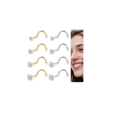 Imagem de Incaton 8 peças de anéis de nariz 20G de ouro/prata, aço inoxidável cirúrgico 316L, hipoalergênico, parafuso de saca-rolhas, piercing de parafuso para mulheres, tamanho CZ 1,5 mm, 2 mm, 2,5 mm, 3 mm