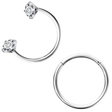 Imagem de Hoeudjo Anel de nariz em ferradura 18 g de aço cirúrgico articulado para mulheres brinco de meia argola sapato de cavalo Daith Clicker Tragus brinco argola hélice piercing joia dupla, Metal, Zircônia