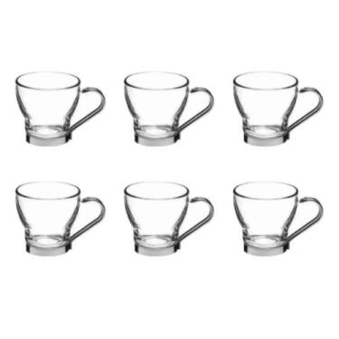 Imagem de Conjunto 6 Xícaras Vidro 110ml com Base e Alça Inox - Belakaza