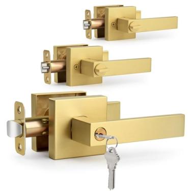 Imagem de LOQRON Pacote com 3 maçanetas de porta de entrada com chave tipo chave, design quadrado, maçaneta de porta interior/exterior com chave e fechadura, alça reversível para fechadura de porta de entrada