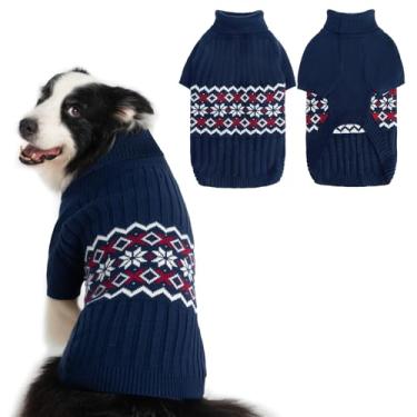 Imagem de PUPTECK Suéter para cães, suéter quente de gola rolê com orifício para trela, pulôver, padrão de floco de neve, roupas de inverno para animais de estimação, suéter de Natal para cães grandes, azul G
