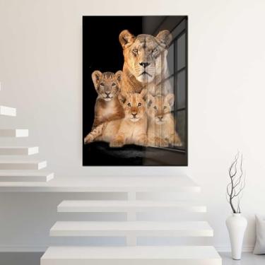 Imagem de Quadro Decorativo com Moldura e Acrilico Cristal Vidro Leoa 3 Filhotes Leões Sala Quarto Hall