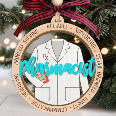 Imagem de Enfeites de farmacêutico – Enfeite de Natal de farmacêutico – Ornamentos de farmácia para árvore de Natal – Presentes para amantes de farmácia – Ornamento de madeira para pendurar em 2 camadas