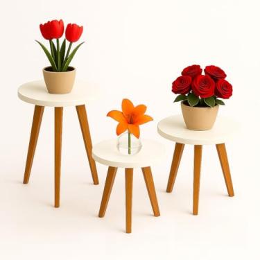 Imagem de Kit de Duas e Tres Mesas de Apoio Redonda Mesa Lateral de MDF Pés Palito Madeira Mesinha Tripe Laterais Para Decorar(Kit Tres mesas)