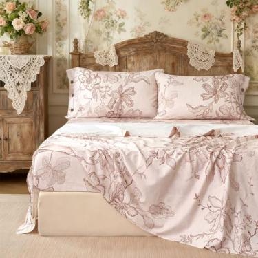 Imagem de Zusbest Jogo de lençol casal rosa floral 400TC 100% algodão escovado duplo tipo flanela lençóis de cama de luxo quente 4 peças, fecho de botão extra macio respirável vintage flor vaso sanitário