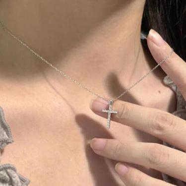 Imagem de Colar de cruz de prata para mulheres, colar de pingente de fé de zircônia cúbica delicada para mulheres e homens, colares de diamante religiosos para mulheres, zircônias cúbicas, cristãos, ajustáveis