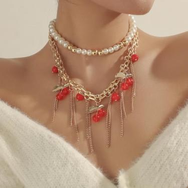 Imagem de 2 unidades de colares de pérolas de borla de cereja, pingente de frutas delicadas com franja de contas, conjunto de joias de corrente em camadas para uso casual, acessórios modernos (vermelho)