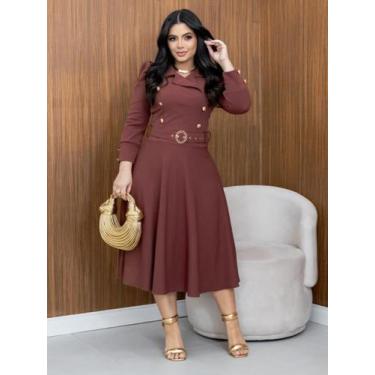 Imagem de Vestido Midi Elegante Manga Longa Social com Cinto Moda Evangélica Fes