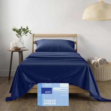 Imagem de Jogo de lençol THREAD SPREAD solteiro de algodão – Jogo de lençol solteiro 100% algodão 400 fios, 3 peças, lençóis de cetim luxuosos, bolsos profundos, lençóis de algodão respirável para dormitórios