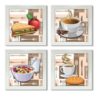 Imagem de Quadro Decorativo Cozinha Café Manhã Padaria 20X20Cm Kit 4Un Titulo Moldura Branca