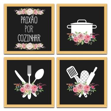 Imagem de Conjunto Quadros Decorativos 4 Pçs 20x20 Paixão Por Cozinhar Titulos Moldura Marfim