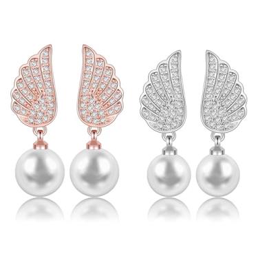 Imagem de Zesucal Conjunto de brincos femininos com pingente de pérola, 2 pares elegantes de asa de anjo, brincos hipoalergênicos de noiva de prata esterlina 925, joias modernas (ouro rosa e prata)
