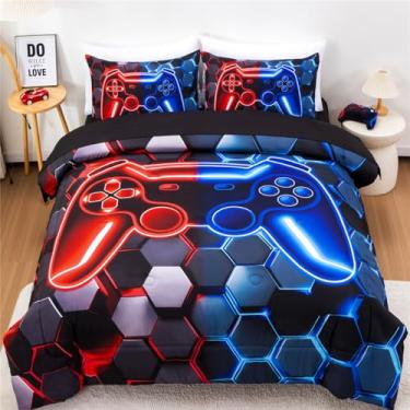 Imagem de NTBED Conjunto de edredom 3D para meninos, crianças e adolescentes, 5 peças, jogo de cama com lençol e console de jogos (vermelho, azul, casal)