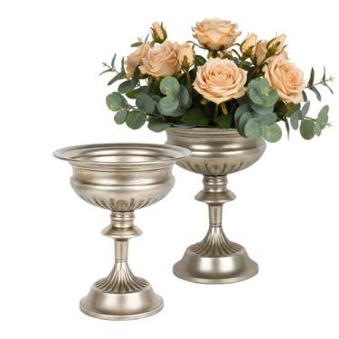 Imagem de WORTH Conjunto de 2 vasos de urna pequenos para centros de mesa, vasos de flores de trompete de metal clássico para mesa, vaso de tigela para festa de casamento, evento de decoração de casa (prata
