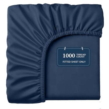 Imagem de Lane Linen Lençol de elástico 100% algodão egípcio Queen (155 x 205 cm + 41 cm) - Tecido acetinado elegante, ultramacio, respirável, altamente durável, bolsos profundos de até 43 cm - azul estate