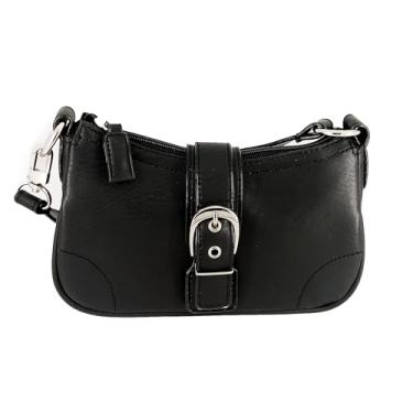 Imagem de Bolsa de ombro pequena de couro para mulheres, preta, ferragens prateadas, detalhe de fivela, branca/preta