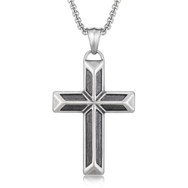 Imagem de HEXALOVA Colar de cruz para homens, pingente de cruz de aço inoxidável prateado com corrente de caixa, colar punk gótico, joia cristã gótica para mulheres, Aço inoxidável, Sem Pedra Preciosa
