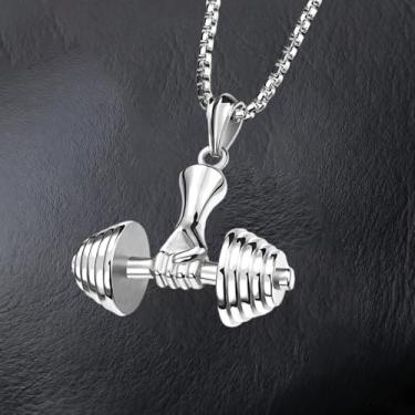 Imagem de Colar com pingente de haltere de aço inoxidável, para homens, fitness, academia, levantamento de peso, presente para halterofilistas, One Size, Aço inoxidável, Sem Pedra Preciosa