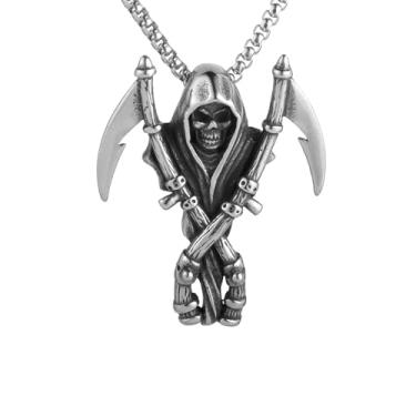 Imagem de Colar masculino gótico punk hip hop rock Death Reaper com pingente de caveira de foice, aço inoxidável 316L, corrente quadrada de pérola de aço inoxidável prata, joia vintage