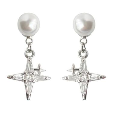 Imagem de Brincos de orelha de pérola simulação de estrela delicada para mulheres, zircônia cúbica de cristal, minúscula, pingente de cruz, cartilagem de gota, brincos pequenos na frente e nas costas, joia 2 em