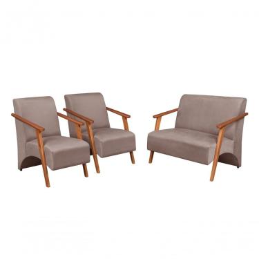 Imagem de Conjunto Venus Braços Em Madeira Maciça 1 Namoradeira 2 Poltronas Suede Unidecor Cappuccino