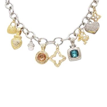 Imagem de Rosemarie & Jubalee Colar de elos com pingente de tendência em dois tons, prata e ouro com pedras de zircônia, estilo clássico, 45,7-50,8 cm