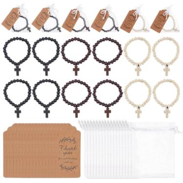 Imagem de GOMAKERER 24 conjuntos de pulseiras de rosário de madeira, 3 cores, rosário de madeira de 8 mm com pingente de cruz, pulseiras de rosário com etiquetas de presente e bolsas para festa de batismo, chá