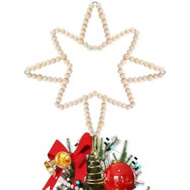 Imagem de RoundFunny Enfeite de árvore estrelada com contas de Natal, decoração de casa de fazenda, contas de madeira natural de 28 cm, enfeite de estrela rústica para decoração de Natal