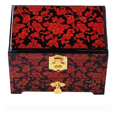 Imagem de Caixa de joias pintada à mão com trava de gavetas, espelho, armazenamento de joias de madeira estilo chinês de 3 camadas com antigo, presente de casamento (preto (chuanzhilian), C 21 x L 14 x A 14 cm