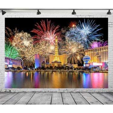Imagem de CORFOTO 6 x 3 m, pano de fundo de Ano Novo em Las Vegas, fogos de artifício de véspera de ano novo, horizonte da cidade de Las Vegas, para decorações de festa de feliz ano novo, adereços de sessão de