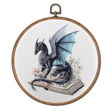 Imagem de TopXmai Decoração de parede redonda de dragão de livro de fantasia, arte de parede em tela de livros Dark Academia emoldurada, decoração de parede para amantes de livros de dragão azul místico para