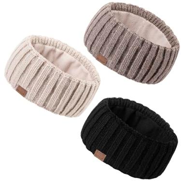 Imagem de MUTKIS Bandanas de inverno para mulheres pacote com 3, aquecedores de orelha para mulheres, faixa de cabeça de lã grossa forrada com lã, abafadores de ouvido quentes para clima frio, Preto, bege,