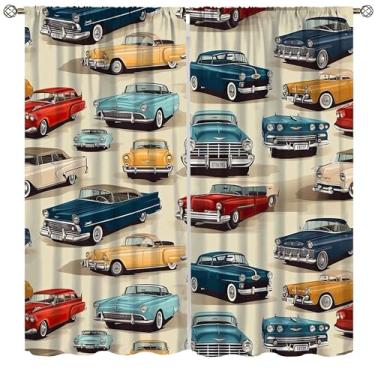Imagem de VUMIVI Cortinas de arte de carro vintage clássico história do automóvel ilustração de linha abstrata decoração industrial retrô bolso para varão tratamentos de janela para cozinha, quarto, sala de