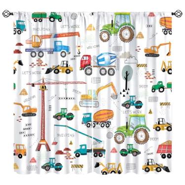 Imagem de Djaby Cortina de janela de escavadeira, trator de desenho animado, maquinário, caminhões, cortina de tratamento de janela para crianças, meninos, quarto, sala de estar, berçário, 106,7 cm L x 114,3 cm