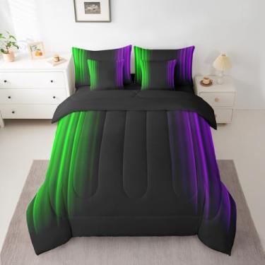 Imagem de Feelyou Conjunto de edredom geométrico, moderno, geométrico, moderno, para adolescentes, decoração ombré, para crianças, mulheres, verde, roxo e preto, tamanho king
