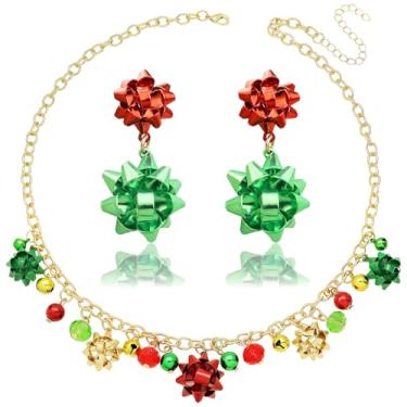 Imagem de RechicGu Conjunto de colar e brincos de Natal para mulheres, conjunto de brincos com pingente de laço de sino de Natal, fofo, Natal, trenó, rena, colar, brinco, joias modernas, presentes, Metal, Sem