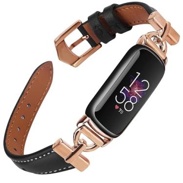 Imagem de Pulseiras de fivela de metal exclusivas em forma de D compatíveis com Fitbit Luxe para mulheres - Pulseira de couro de grão superior para monitor fitness de luxo / edição especial (ouro rosa/preto)
