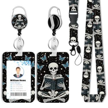 Imagem de Porta-crachá de identificação de leitura de borboleta esqueleto com cordão breakaway e carretel retrátil resistente - chaveiro mosquetão giratório de 360° para mulheres, estudantes, professores