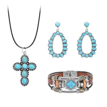 Imagem de Kezoic Conjunto de 3 peças de joias turquesa, colares, brincos e pulseira ocidentais para mulheres, Midium, Zinco, Turquesa