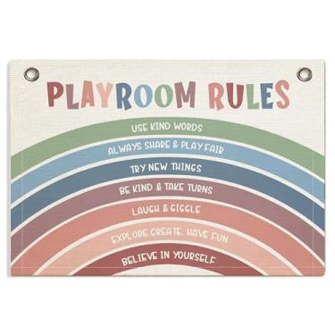 Imagem de Decoração de quarto infantil para sala de jogos - Banner de regras de sala de jogos, faixa de bandeira de pendurar em tela arco-íris, sinal de parede, presente para bebês, crianças, meninas, meninos