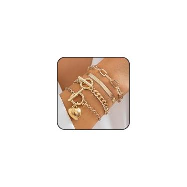 Imagem de Conjunto de pulseiras empilháveis com fecho de coração dourado para mulheres com elos cubanos em camadas pulseiras ajustáveis com clipe de papel pacote de acessórios de joias, Large, Metal, Sem Pedra
