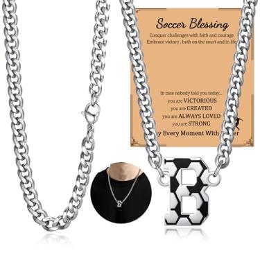 Imagem de NUKAYAI Colar de futebol com letra A a Z para homens, pingente de pingente de aço inoxidável, corrente de prata, acessórios de joias, material de 50,8 cm, colares personalizados, presentes de futebol