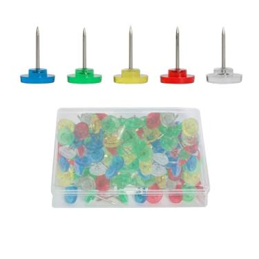 Imagem de 150 peças de tachinhas de cabeça plana coloridas transparentes com cabeças de plástico resistente e pontas de aço para uso doméstico e escritório, caixa de armazenamento reutilizável (150, cor clara)