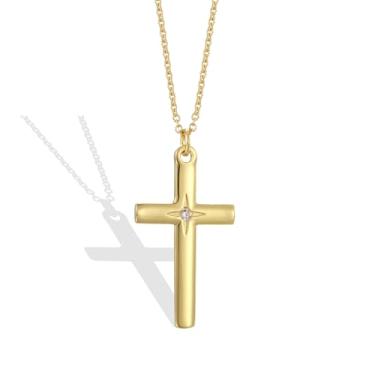 Imagem de REchoLI Colar de cruz para mulher, banhado a ouro 18 K, pingente adornado com diamante em forma de cruz, colar religioso, corrente de joias cristãs, 45 cm/17,71 polegadas, 17.71 Inches, Cobre, Sem