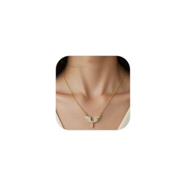 Imagem de Naturepernulo Colar feminino com pingente de asa de anjo em ouro 14 K, prata, zircônia cúbica, anjo da guarda, colar de strass e asas, Moderate type, Metal, Sem Pedra Preciosa