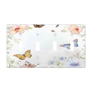 Imagem de BHGAHD Capa decorativa de placa de interruptor com prado floral fresco rústico com design de borboletas placa de parede artística de 4 turmas exclusivas capas de interruptor de luz quadriciclo para